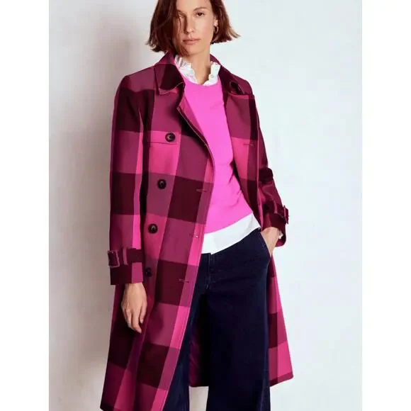 Boden 4P Cheltenham Trench Coat Pink Peony, Chestnut Gingham - Picture 9 of 11